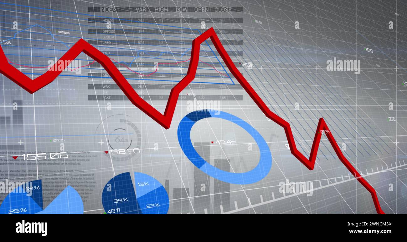 Immagine delle statistiche e dell'elaborazione dei dati finanziari con linea rossa sulla griglia Foto Stock