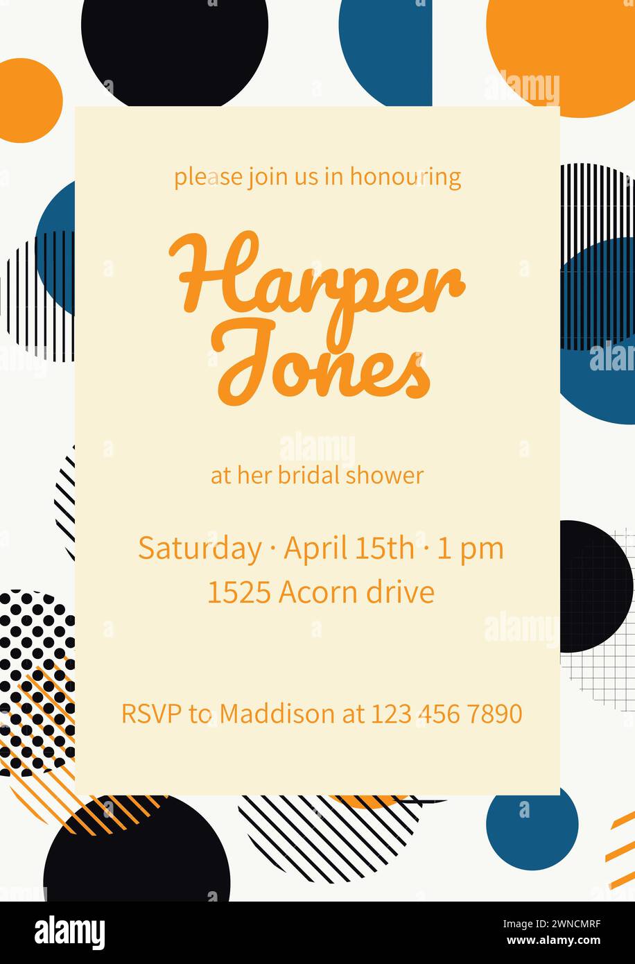 Modello di invito per una doccia nuziale, caratterizzato da un'audace tipografia e un divertente motivo di cerchi Foto Stock