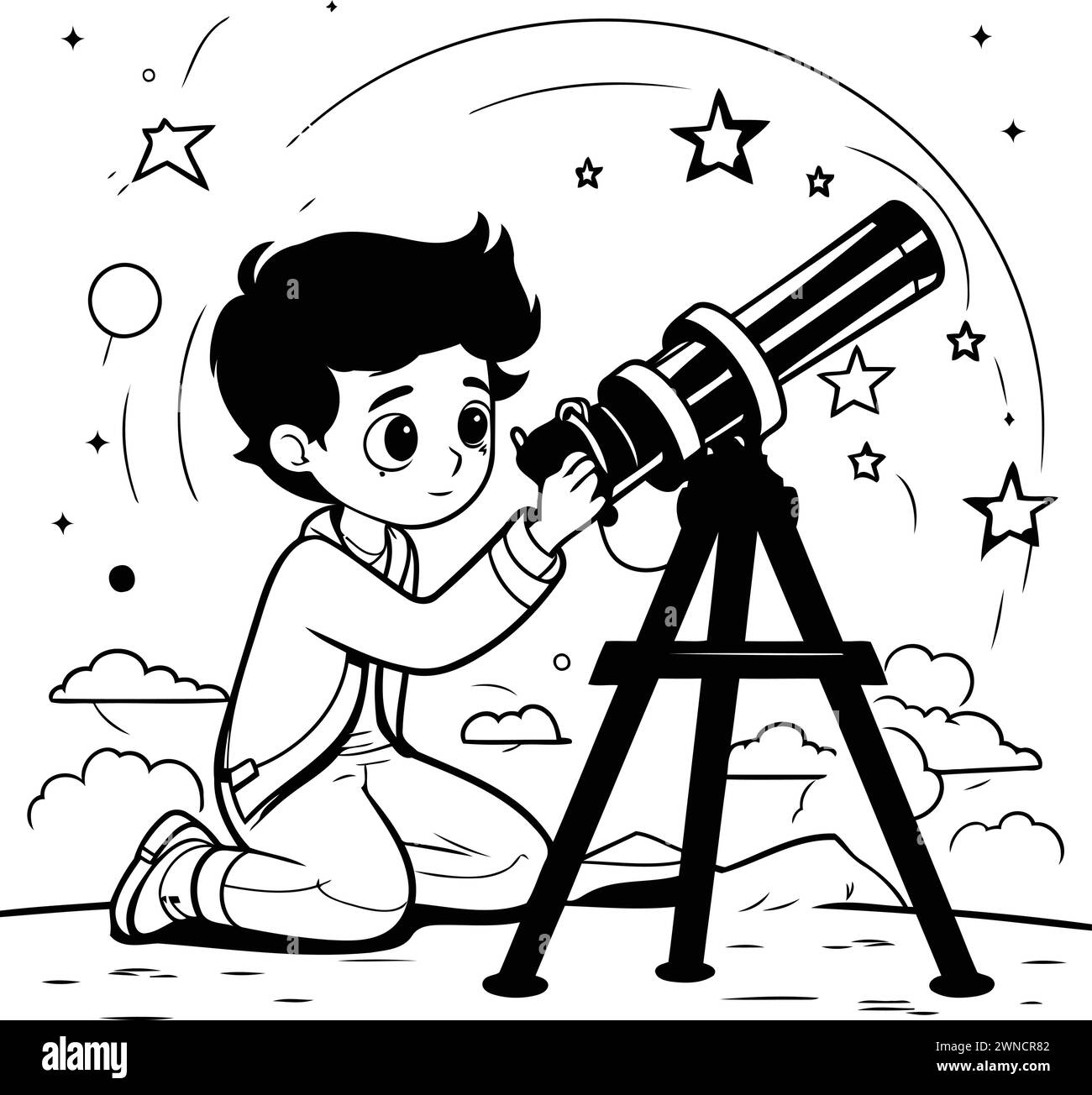 Ragazzo che guarda attraverso un telescopio nel cielo stellato. Illustrazione vettoriale. Illustrazione Vettoriale