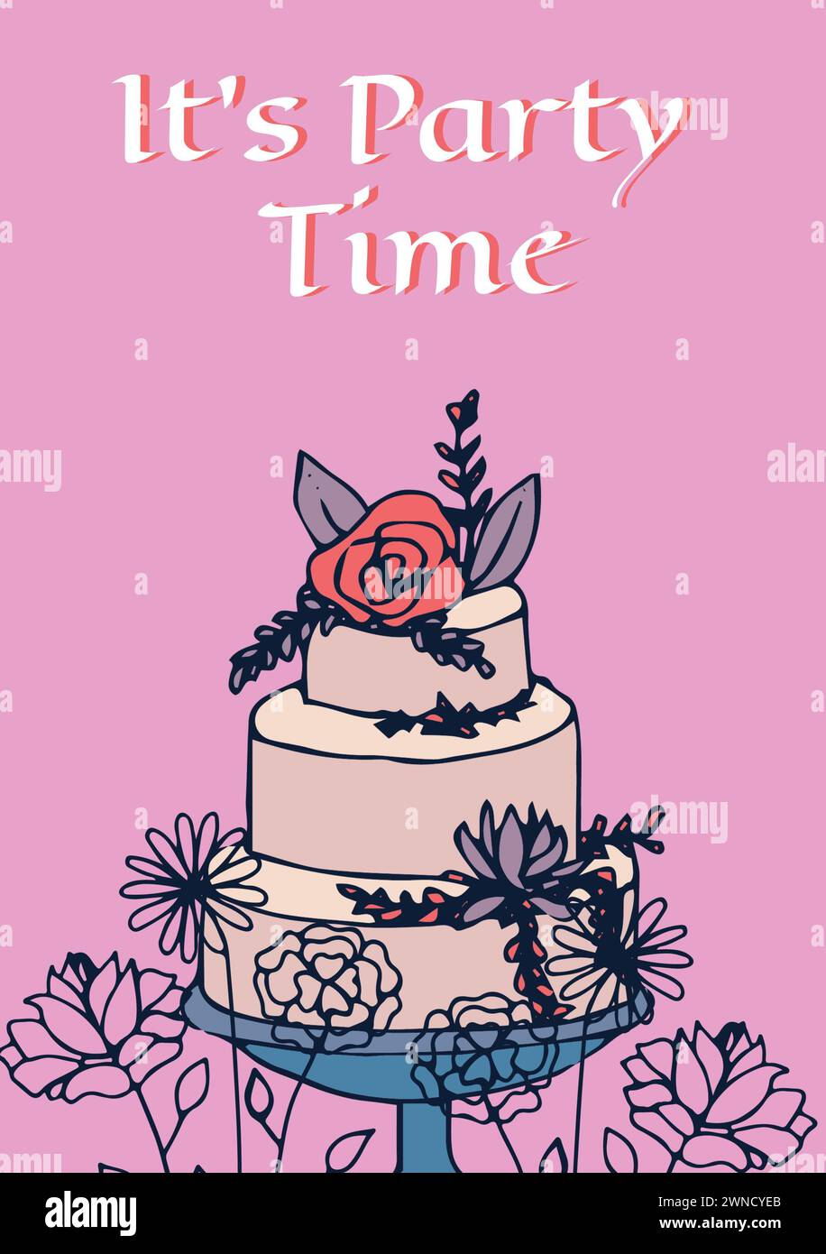 È il testo bianco dell'ora della festa con torta di compleanno a più piani e fiori su sfondo rosa Foto Stock