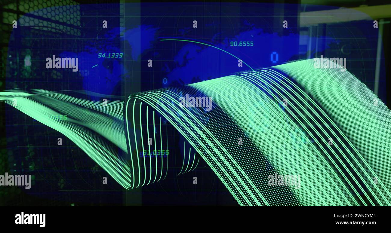 Immagine delle onde e dei numeri sulla mappa mondiale e sui server Foto Stock