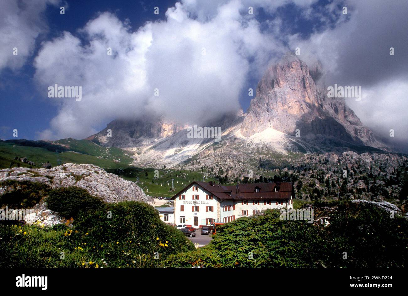 Pensione italiana, passo Sella, gruppo Langkofel, alto Adige, Italia Foto Stock