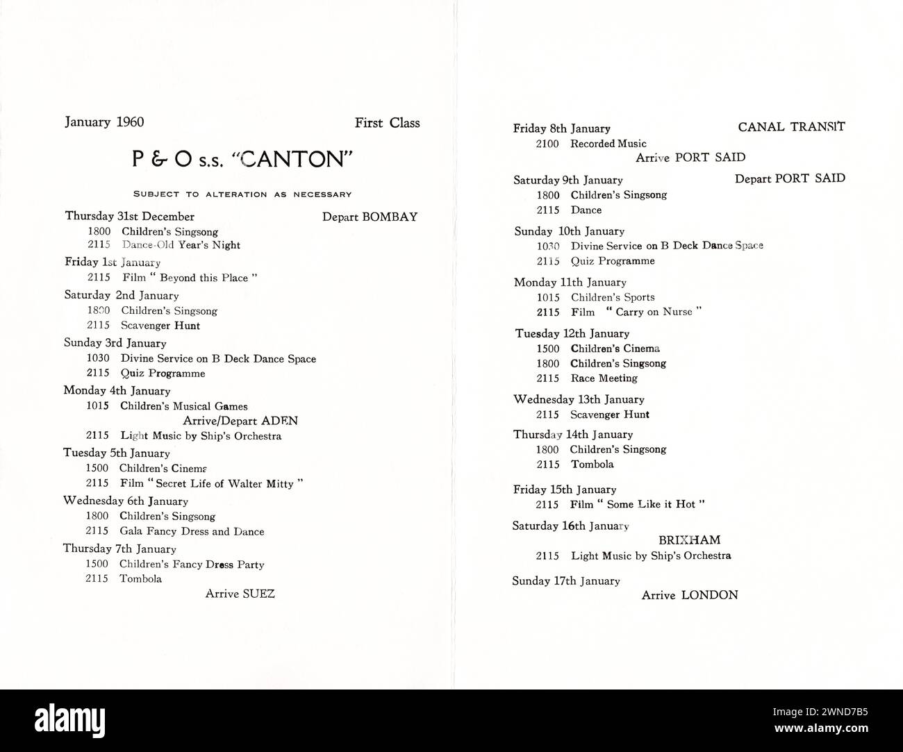 Copia vintage P&o First Class per passeggeri delle attività "per il tuo intrattenimento" sul Canton S.S. nel gennaio 1960. Foto Stock