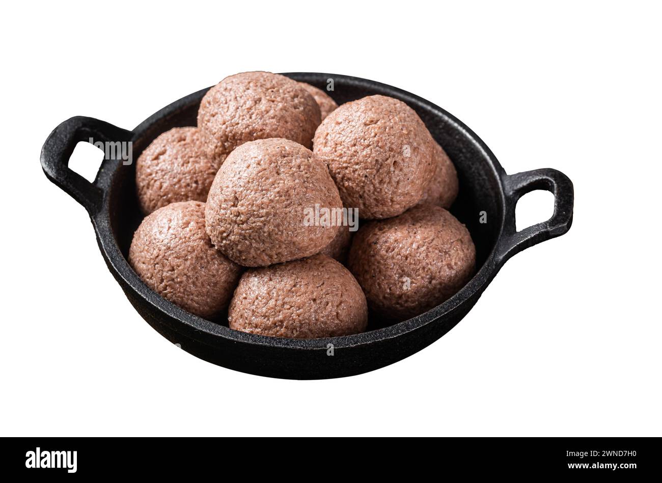 Polpette vegetariane senza carne di carne cruda a base di piante con timo e rosmarino. Isolato su sfondo bianco. Vista dall'alto. Foto Stock