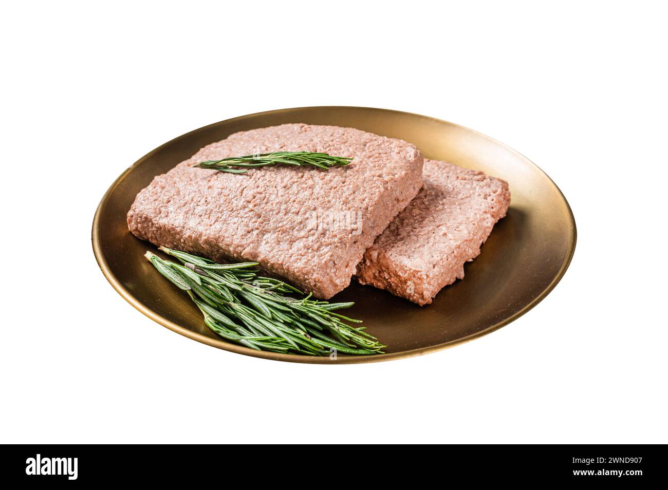 Carne fresca di verdure tritate, carne cruda a base vegetale con rosmarino. Isolato su sfondo bianco. Vista dall'alto Foto Stock