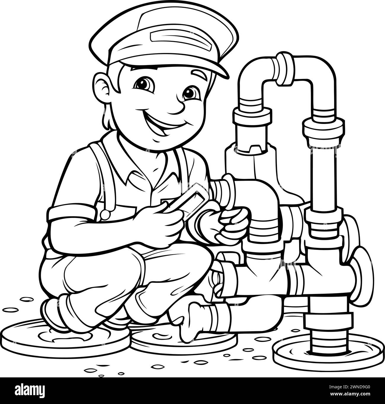 Immagine di un idraulico che ripara un tubo al lavoro. Pagina da colorare Illustrazione Vettoriale