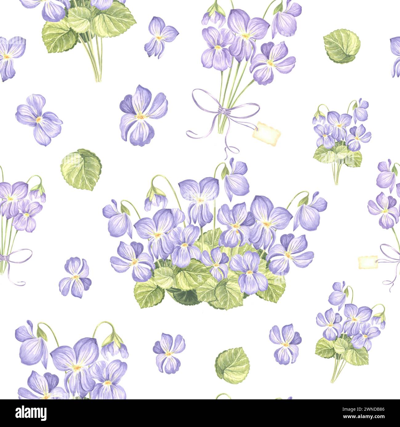 Motivo senza cuciture di viola selvatica con foglie verdi. Sfondo disegnato ad acquerello a mano con fiore di fiori di pansia a molla. Modello per fab Foto Stock
