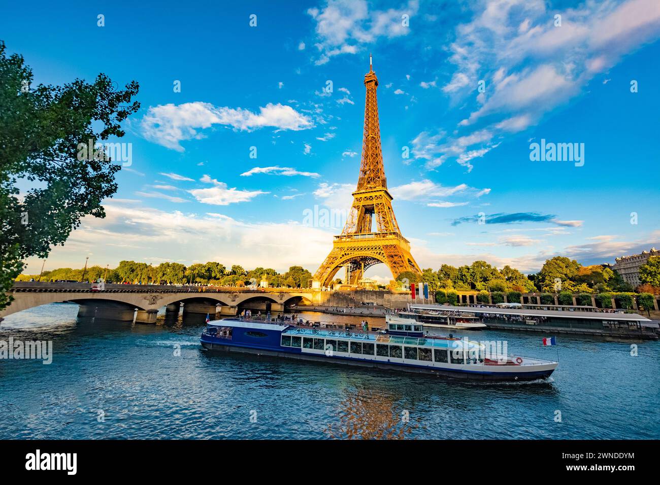 Panorama panoramico della Torre Eiffel, della Senna e del pont d'lena a Parigi, Francia; con una crociera di passaggio Foto Stock