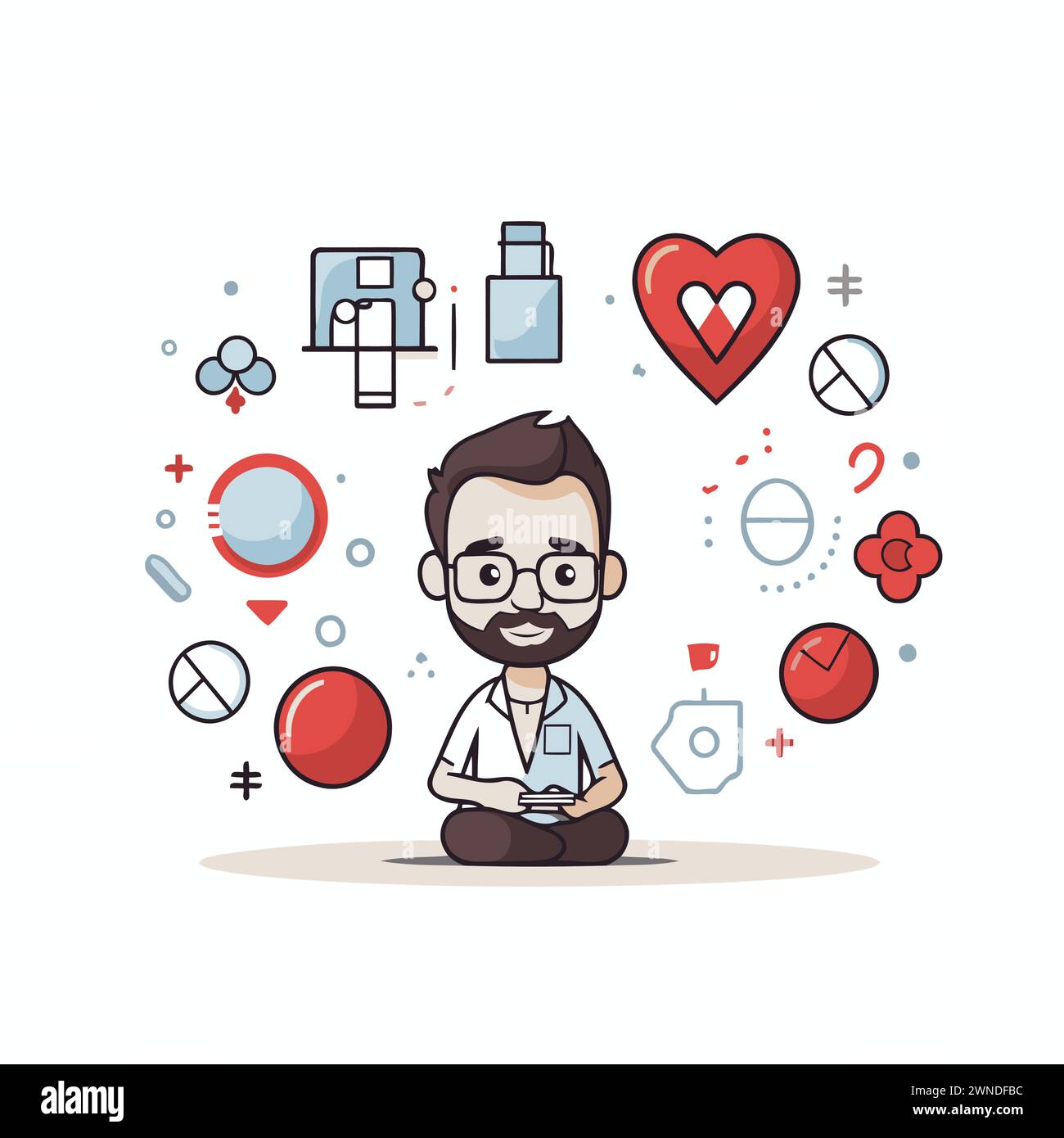 Uomo con icone relative alla salute mentale su sfondo bianco. design colorato. illustrazione vettoriale Illustrazione Vettoriale