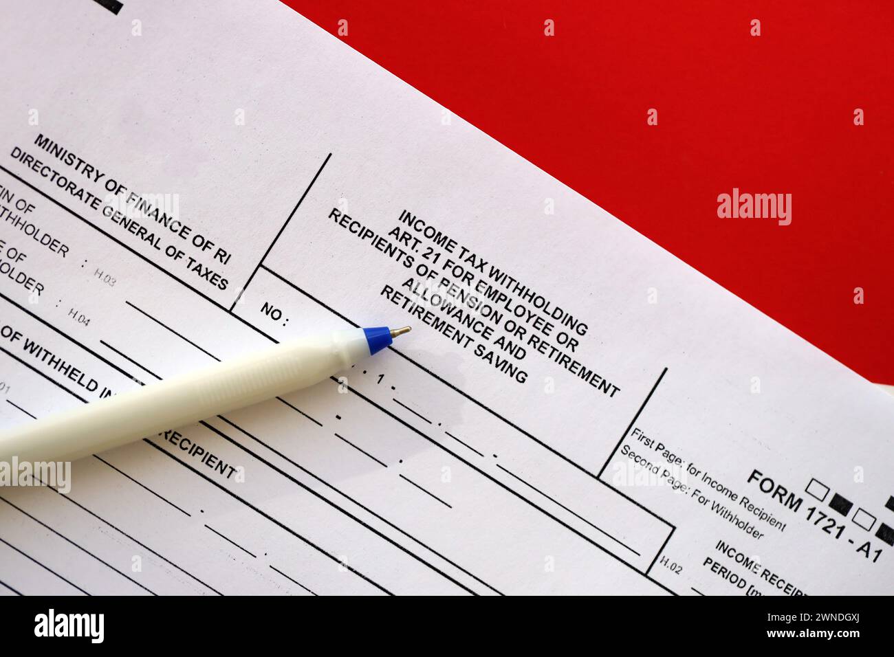 Modulo fiscale indonesiano 1721 a1 Income Income Tax Return art 21 per il dipendente o i beneficiari di pensione o indennità pensionistica e risparmi pensionistici Foto Stock