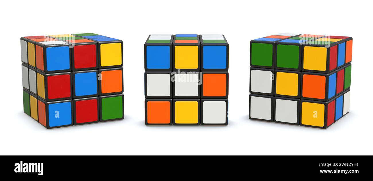 Set cubo Rubiks , si tratta di un'immagine generata al computer con rendering 3d. Isolato su bianco. Foto Stock