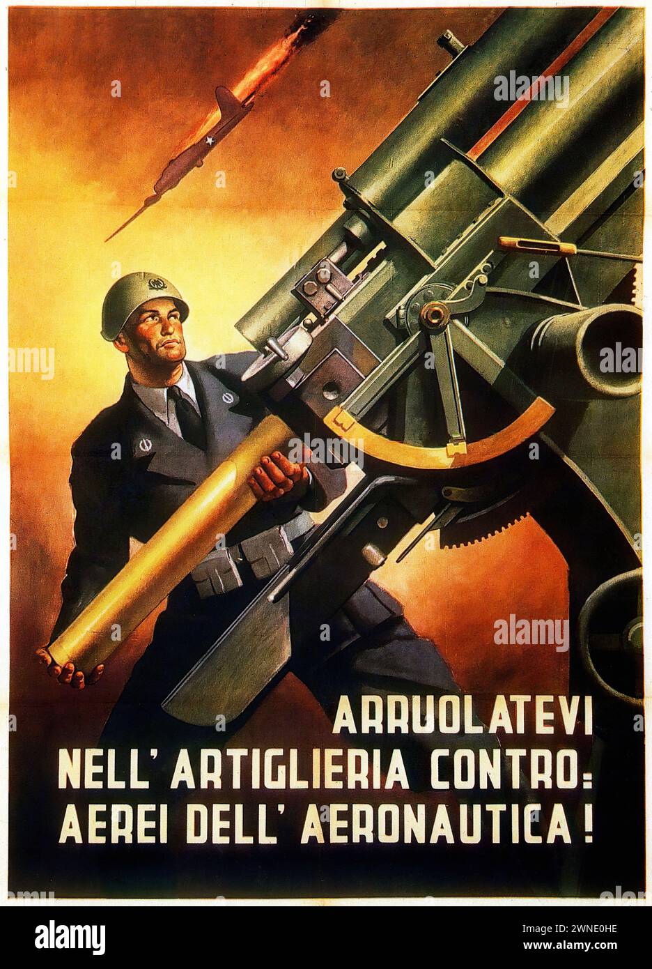 "ARRUOLATEVI NEL" ARTIGLIERIA CONTROAEREI DELL' AERONAUTICA!" ['ARRUOLARSI NELL'ARTIGLIERIA ANTIAEREA DELL'AERONAUTICA!'] Questa immagine presenta un'immagine audace e realistica di un soldato che opera artiglieria antiaerea con un missile che spara nel cielo, sottolineando la forza e la prontezza delle forze militari. Lo stile è indicativo della propaganda militare della metà del XX secolo, con colori vivaci e composizione dinamica. Foto Stock