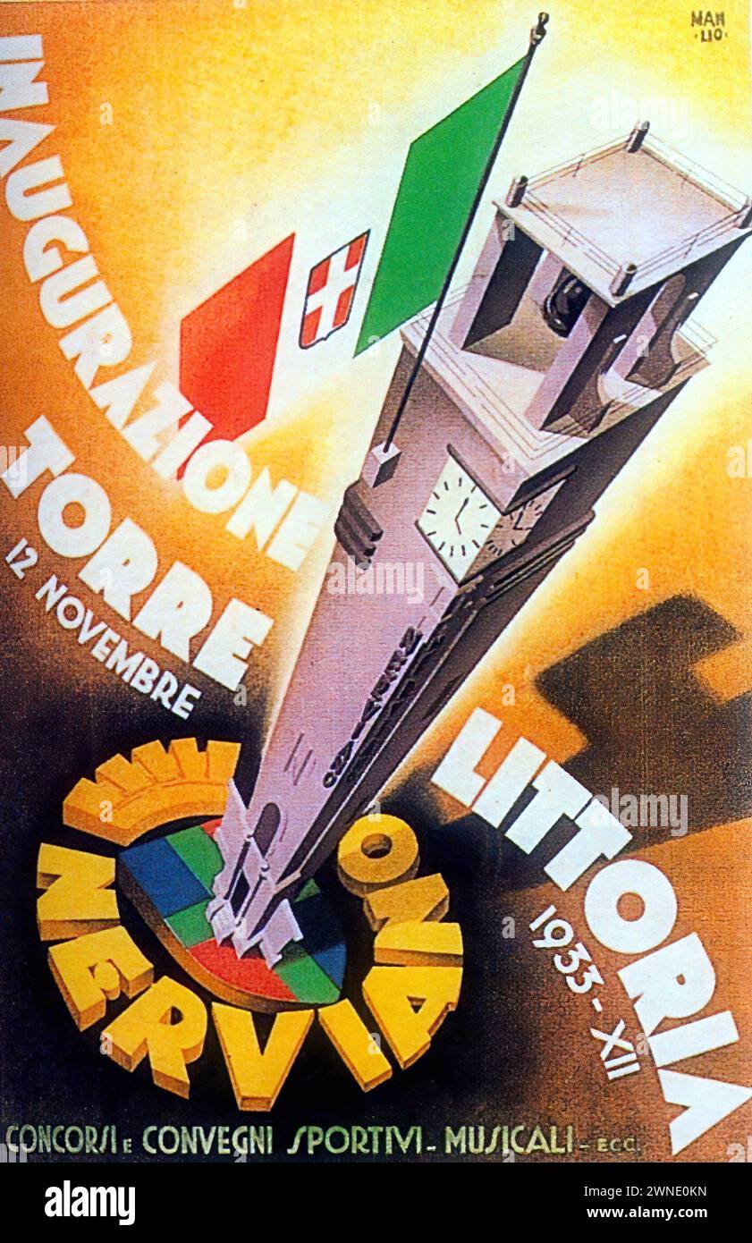 "INAUGURAZIONE TORRE LITTORIA" ["INAUGURAZIONE DELLA TORRE LITTORIA"] Vintage Italian Advertising raffigurante una torre astratta con bandiere e un orologio, circondata da forme e testo colorati. Il design grafico ricorda il Futurismo italiano, sottolineando velocità e modernità Foto Stock