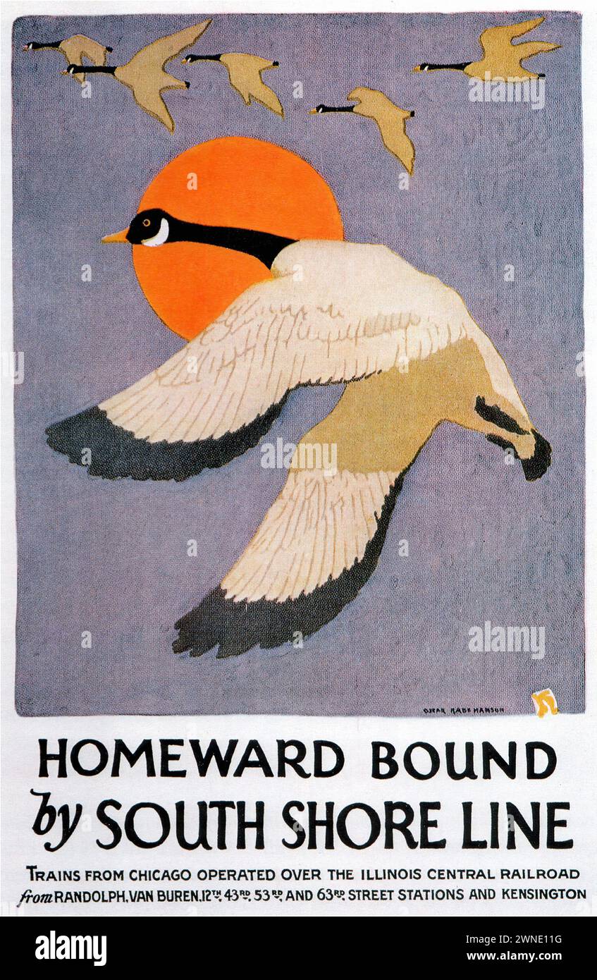 "HOMEWARD BOUND by SOUTH SHORE LINE" Vintage Advertising. Una rappresentazione di uccelli migratori contro un tramonto, promuovendo il servizio ferroviario della South Shore Line. Il poster presenta uno stile grafico forte e un tema ispirato alla natura. Foto Stock