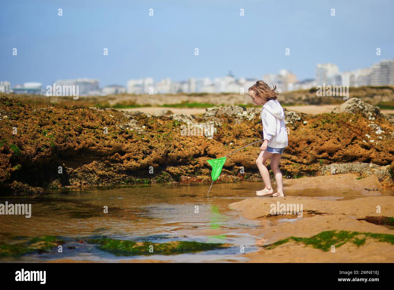 Adorabile bambina in età prescolare che gioca con la rete scoop sulla spiaggia della costa atlantica della Bretagna, Francia. Bambini piccoli che si divertono in vacanza al mare o all'oceano Foto Stock