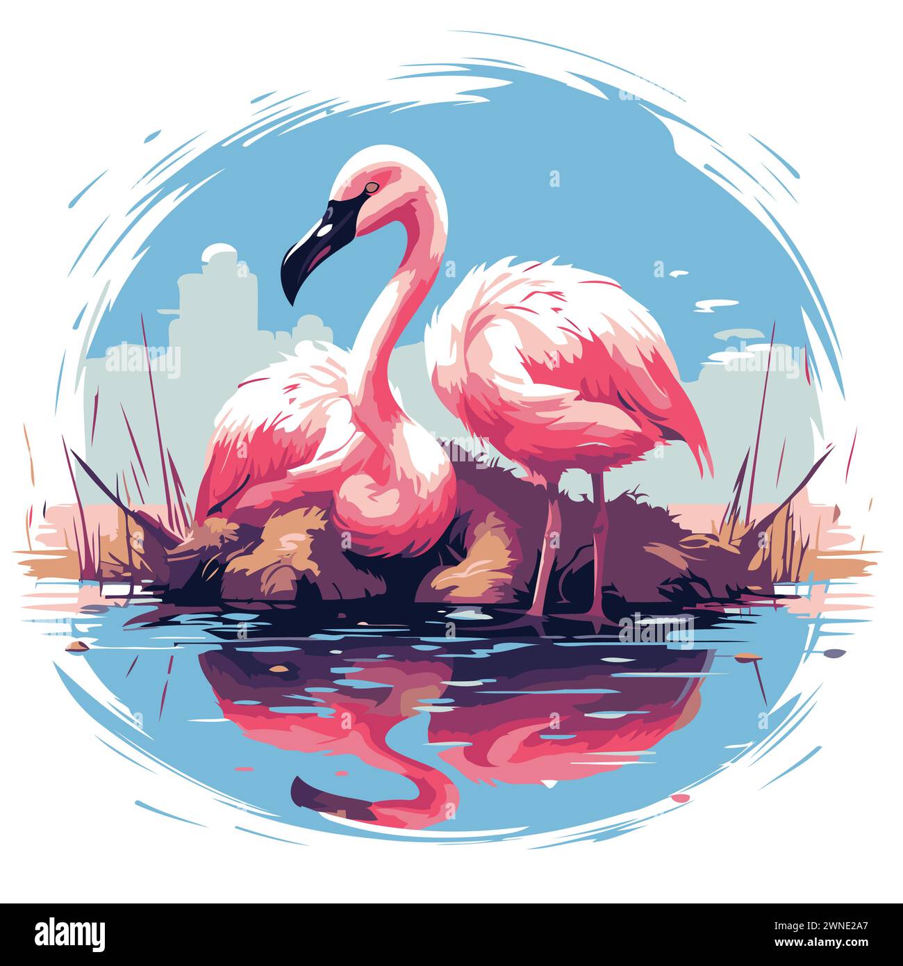 Flamingo sul lago. Illustrazione vettoriale in stile retrò. Illustrazione Vettoriale