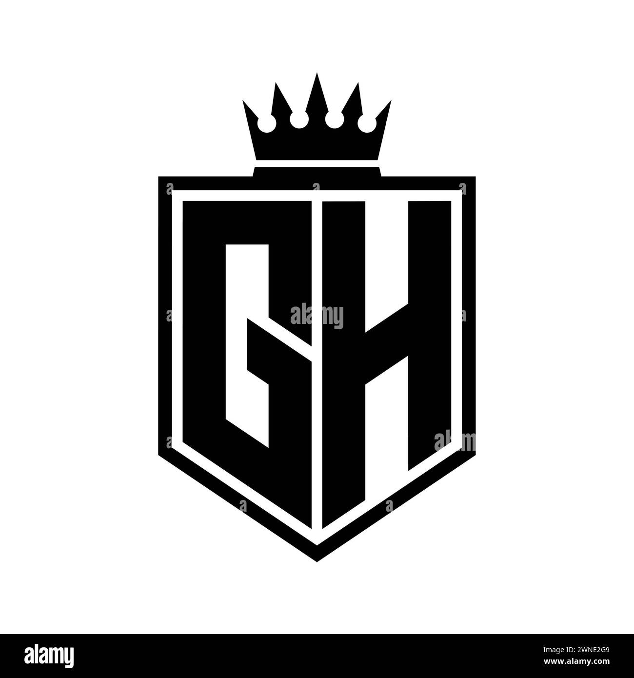 Scudo in grassetto monogramma GH Letter Logo forma geometrica con contorno a corona modello in stile bianco e nero Foto Stock