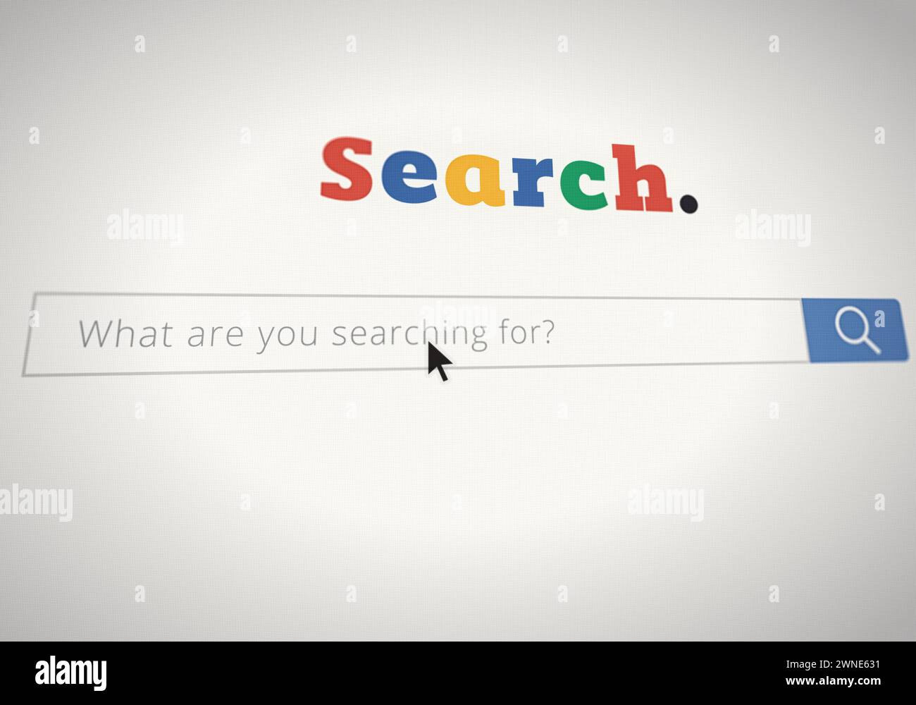 Internet, cyberspazio e motore di ricerca con barra sullo schermo per ricerche, informazioni o risorse. Computer, sito Web e interfaccia utente con sito su Foto Stock