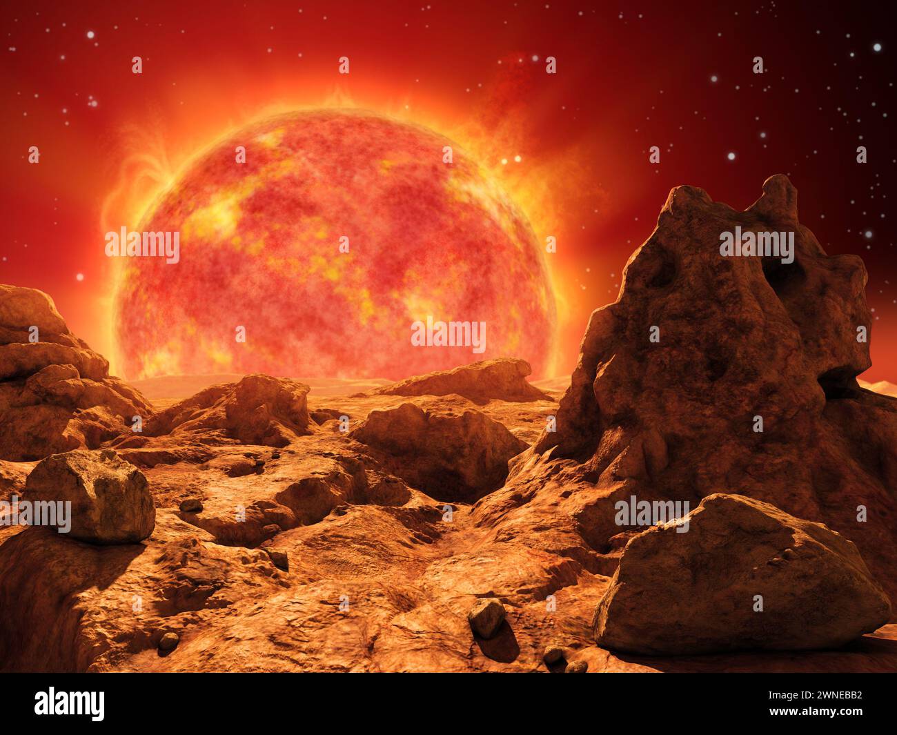 Stella gigante rossa all'orizzonte di un pianeta desertico. Illustrazione 3D. Foto Stock