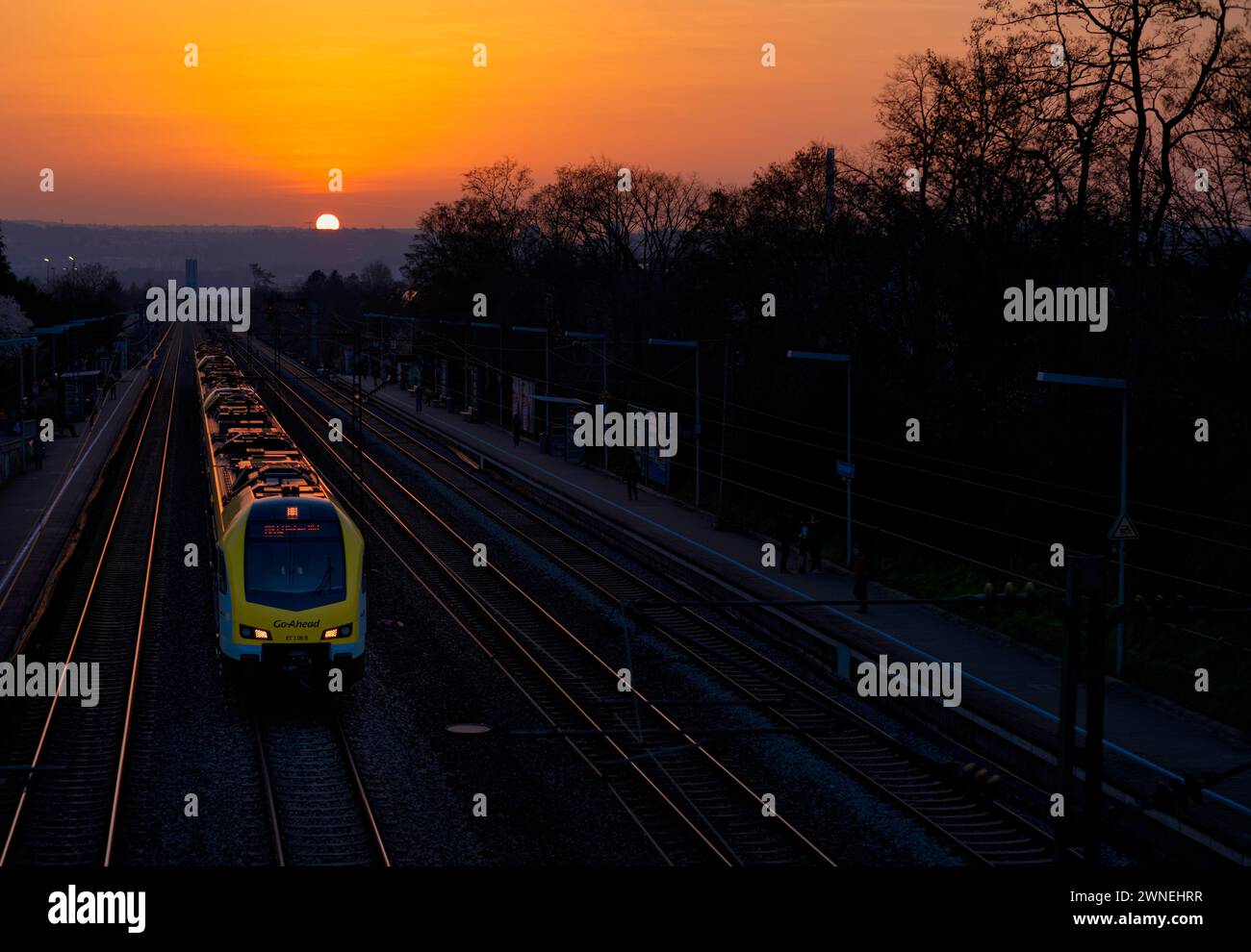 Treno, ferrovia privata go-ahead, bwegt, il marchio ombrello del trasporto passeggeri locale a Baden-Wuerttemberg, tramonto, atmosfera serale, Sommerrain Foto Stock