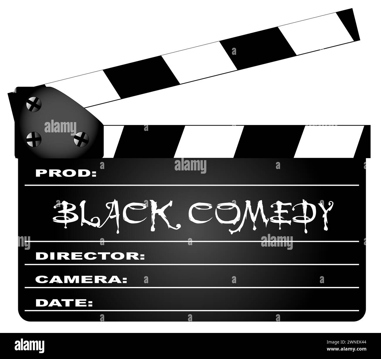 Un tipico clapperboard cinematografico con la leggenda Black Comedy isolata sul bianco. Foto Stock