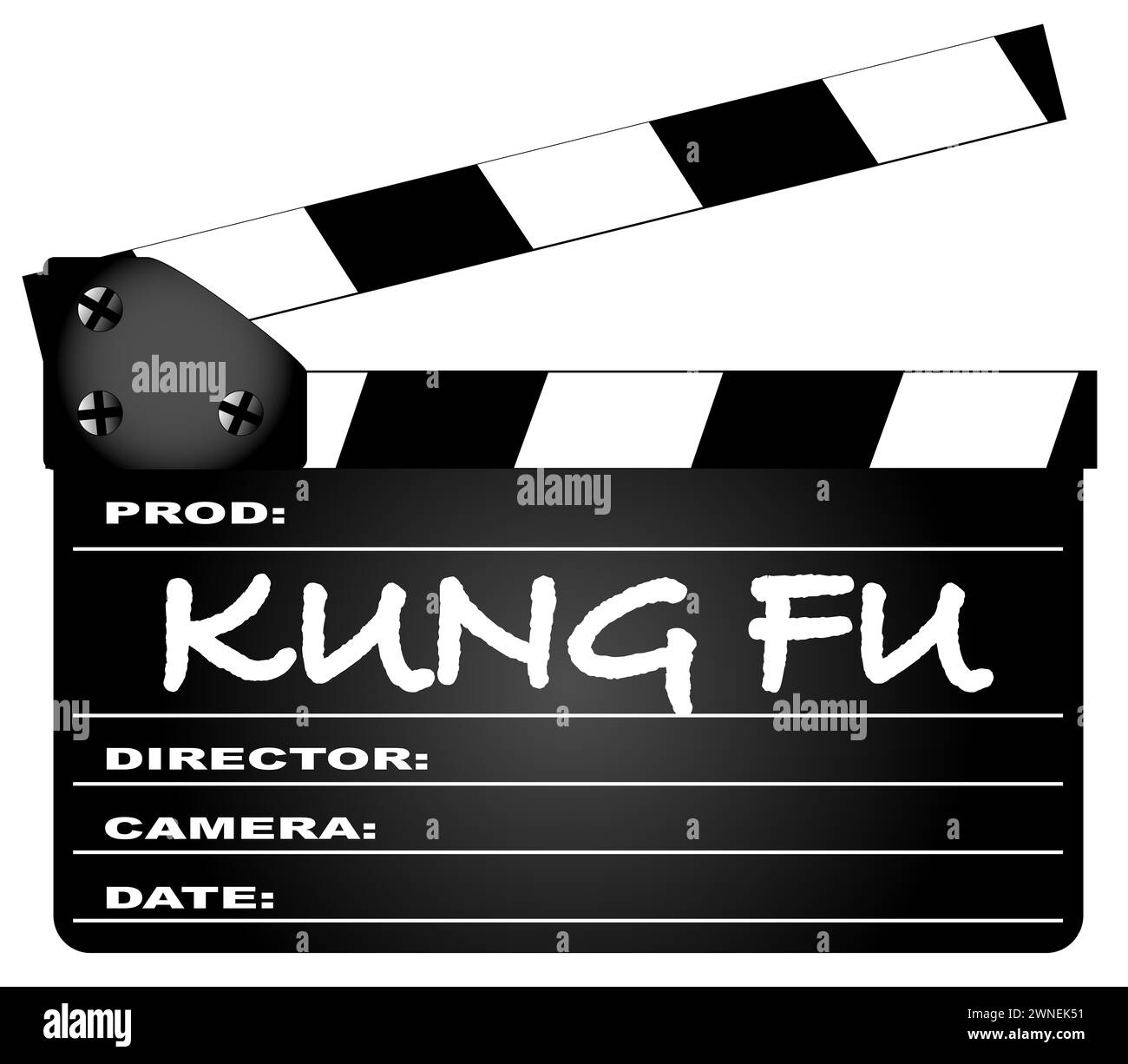Un tipico clapperboard cinematografico con la leggenda Kung fu isolata sul bianco. Foto Stock