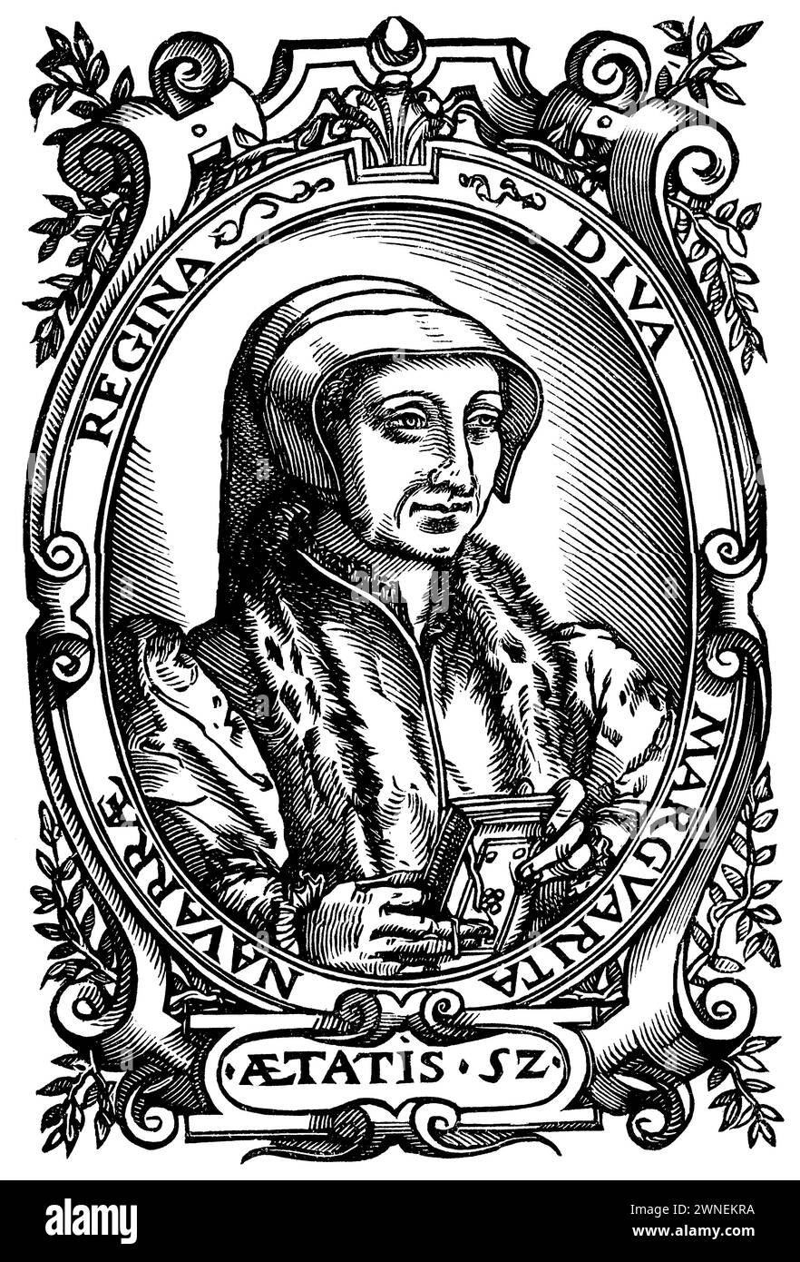 Margarete de Navarra (1492-1549), nobildonna e scrittrice francese, nota anche come Margherita di Angoulême, incisa in una stampa del XVI secolo, copia della Biblioteca Nazionale di Parigi. L'iscrizione latina recita in traduzione: Margherita, la regina divina di Navarra, all'età di 52 anni., , (libro di storia letteraria, 1900), Margarete von Navarra (1492-1549), Französische Adelige und Schriftstellerin, auch bekannt als Margarete von Angoulême, Holzschnitt in einem Druck des 16. Jahrhunderts, Exemplar der Nationalbibliothek zu Paris. Die lateinische Umschrift lautet in Übersetzung: Margarete, Die g Foto Stock