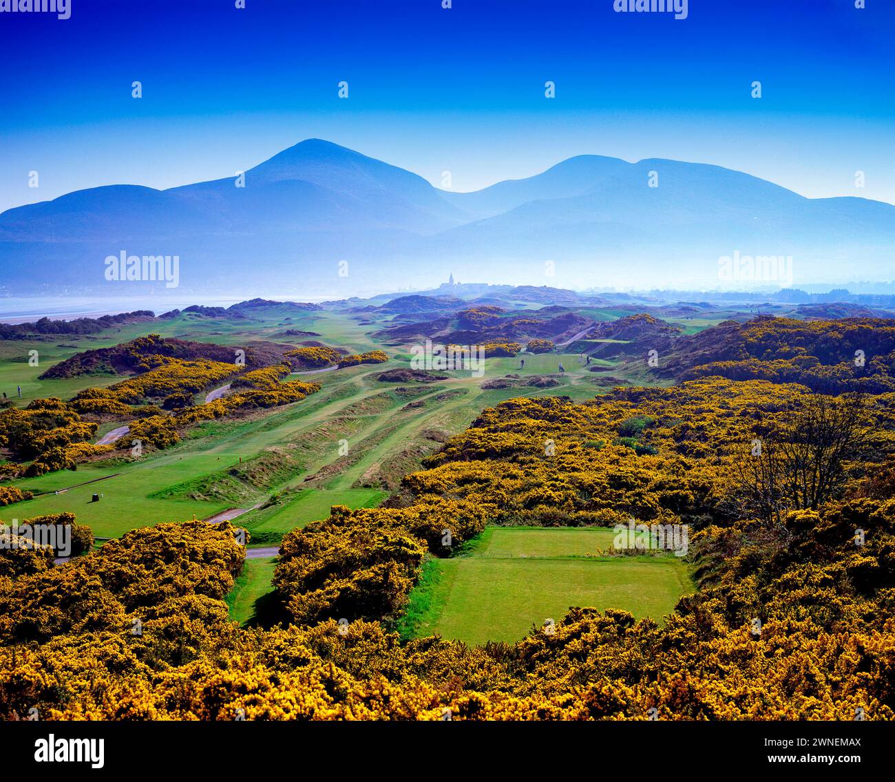 Royal County Down Golf Club dal quarto campionato tee box, Newcastle, County Down, Irlanda del Nord Foto Stock