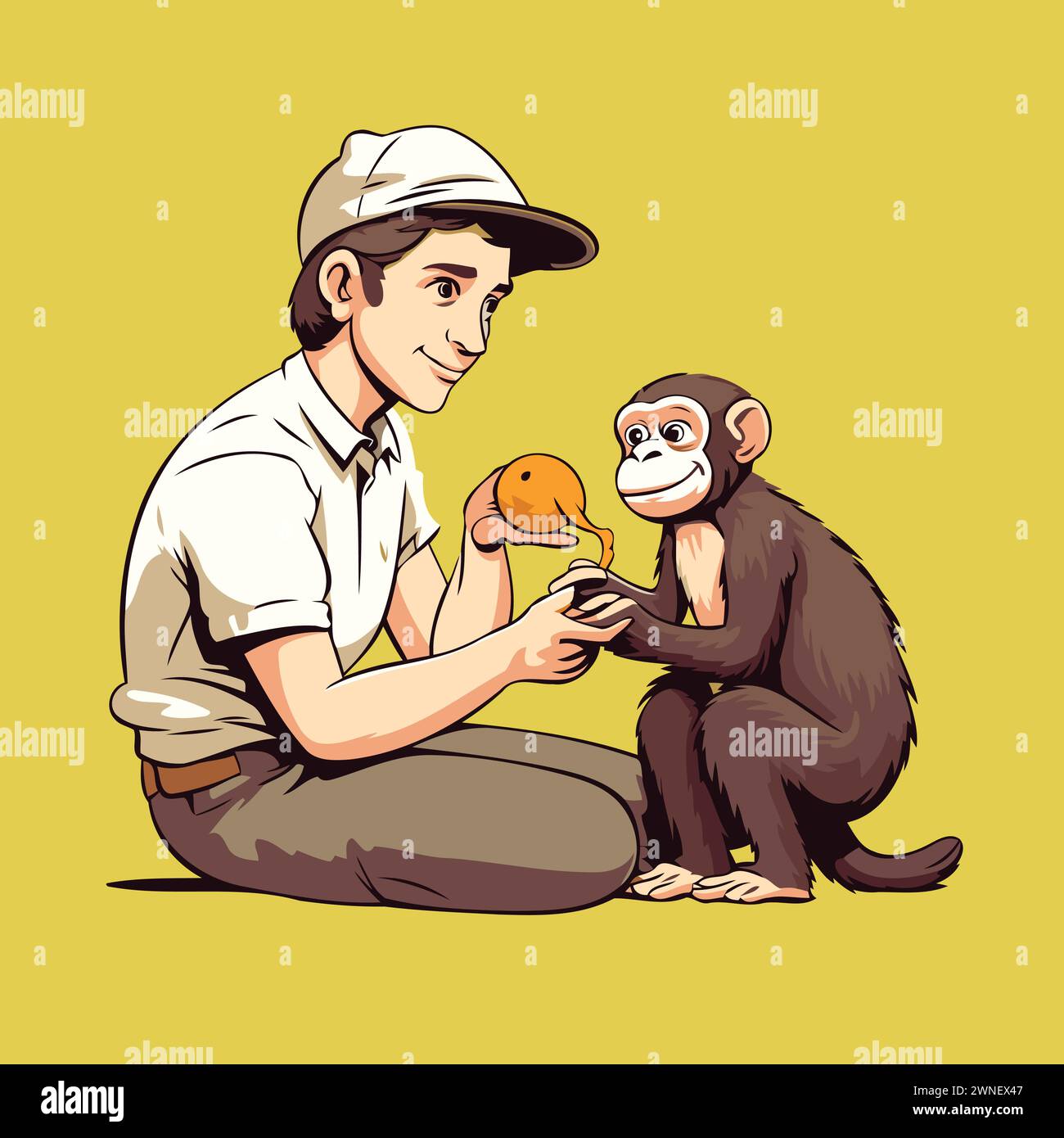 Un uomo nutre una scimmia. Illustrazione vettoriale su sfondo giallo. Illustrazione Vettoriale