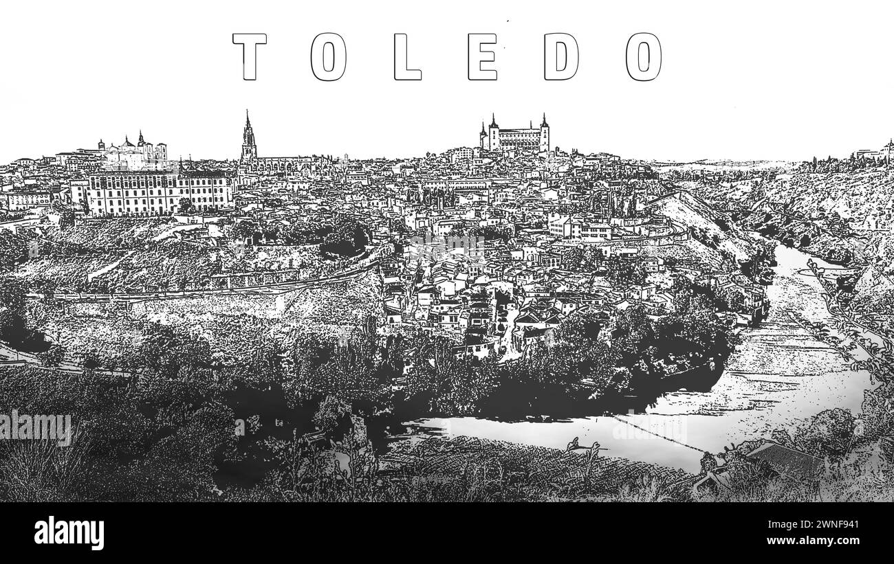 Skyline della città vecchia di Toledo sulla collina dove si trovano la Cattedrale Vecchia e l'Alcazar abbracciati dal fiume Tago in una forma stilizzata con il Foto Stock