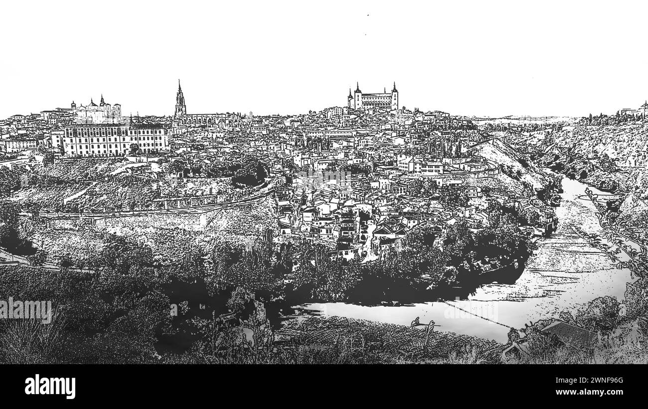 Skyline della città vecchia di Toledo sulla collina dove si trovano la Cattedrale Vecchia e l'Alcazar abbracciati dal fiume Tago in forma stilizzata Foto Stock