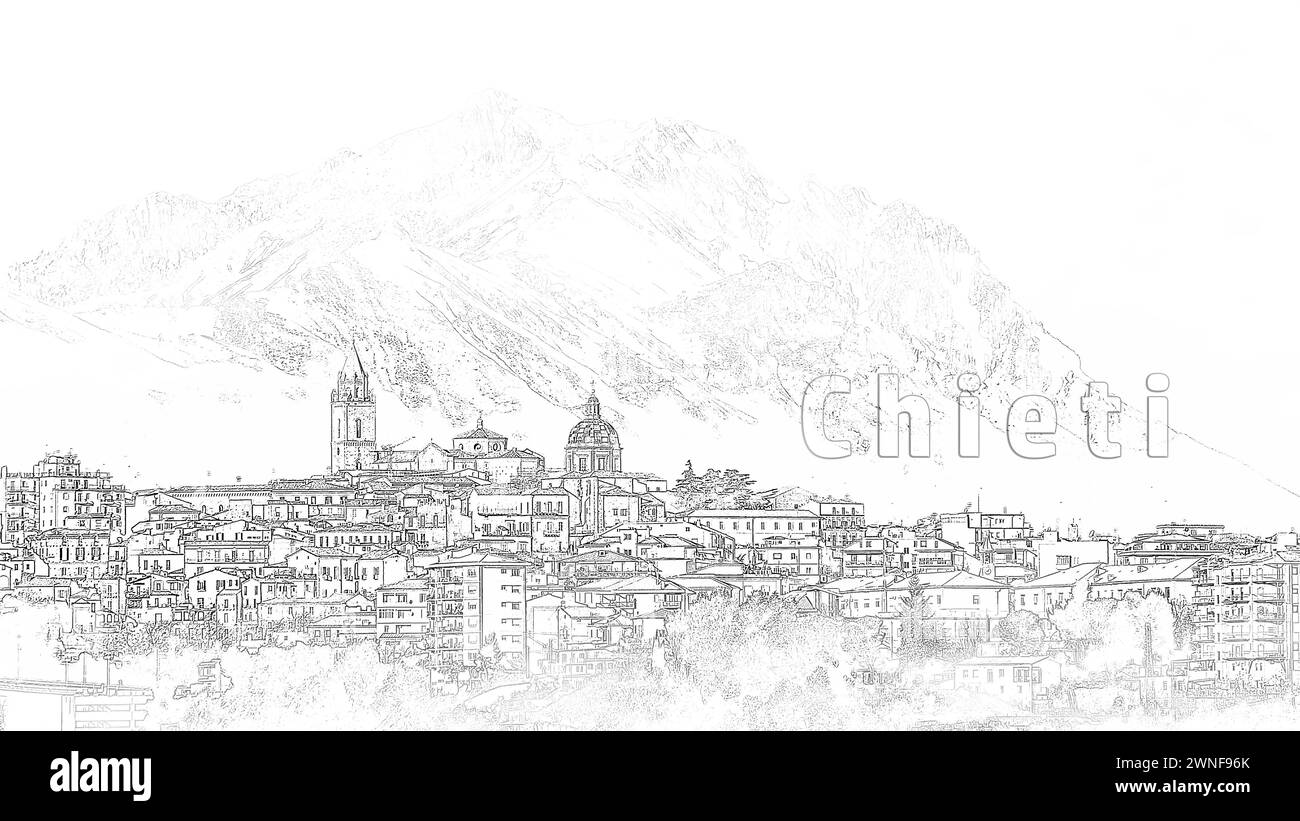 Skyline della città di Chieti (Italia) in forma stilizzata con l'iscrizione Chieti Foto Stock