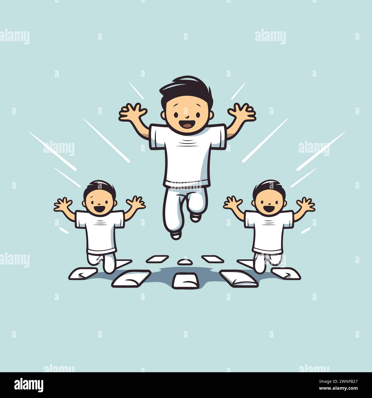 Bambini felici che saltano e si divertono. Illustrazione vettoriale in stile cartone animato. Illustrazione Vettoriale