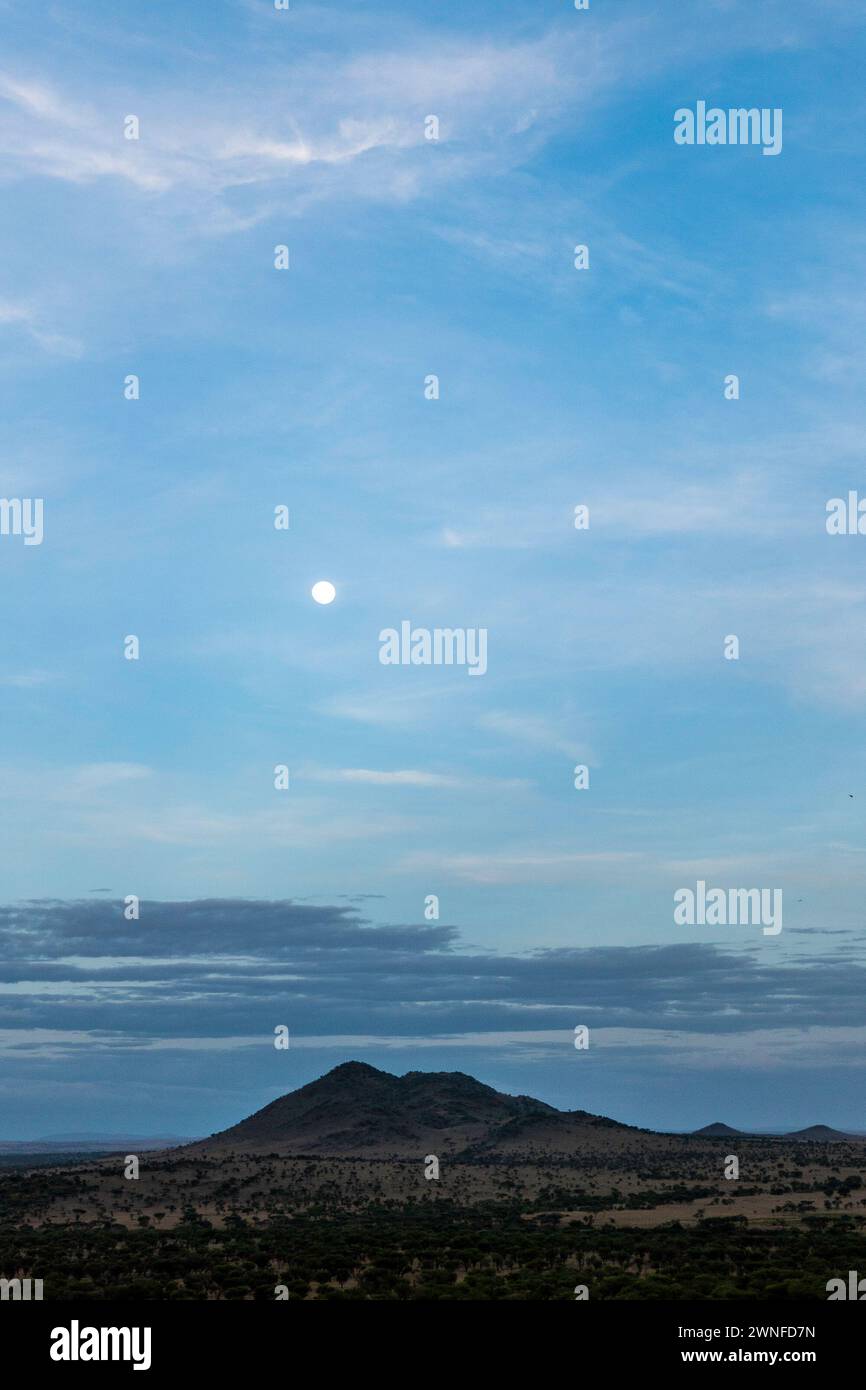 Serengeti, Tanzania, 27 ottobre 2023. Aspetto della luna sulla pianura del parco nazionale Foto Stock