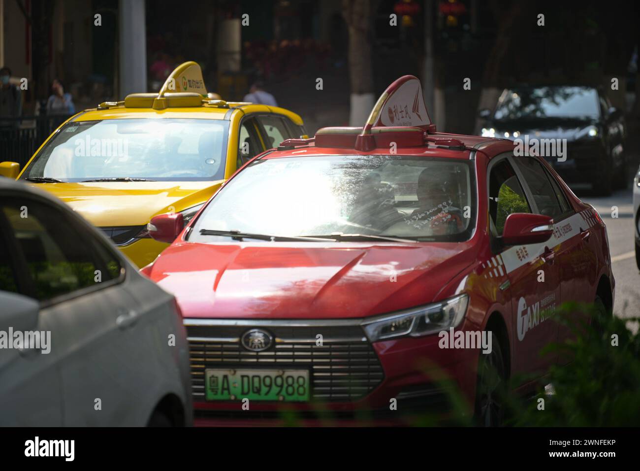 GUANGZHOU, CINA - 22 febbraio 2024: Elettrificazione delle flotte di taxi a GUANGZHOU, tutti i taxi in città funzionano con nuova energia Foto Stock