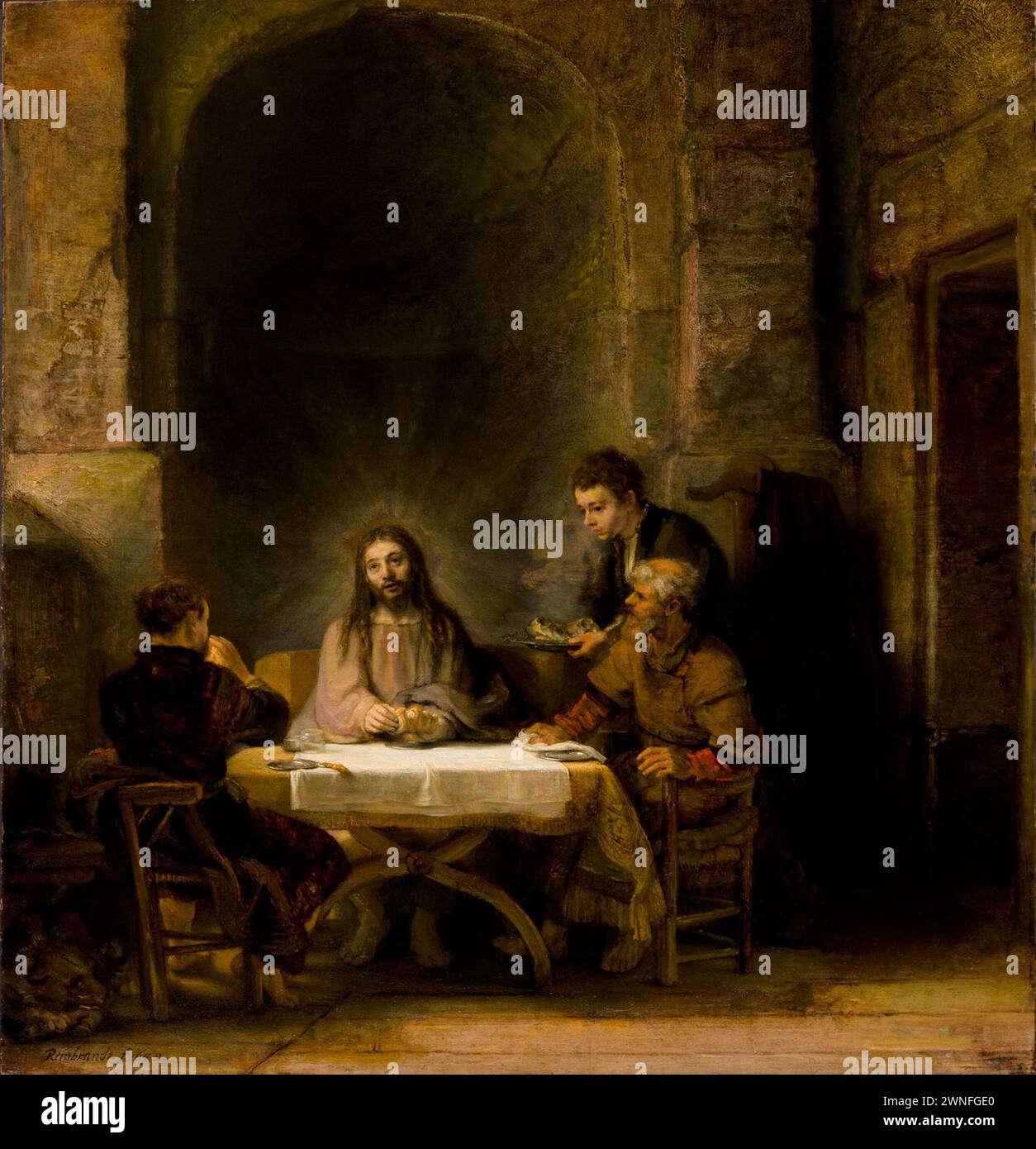 La cena a Emmaus o i pellegrini a Emmaus è un dipinto a olio su pannelli di mogano del 1648 di Rembrandt. Foto Stock