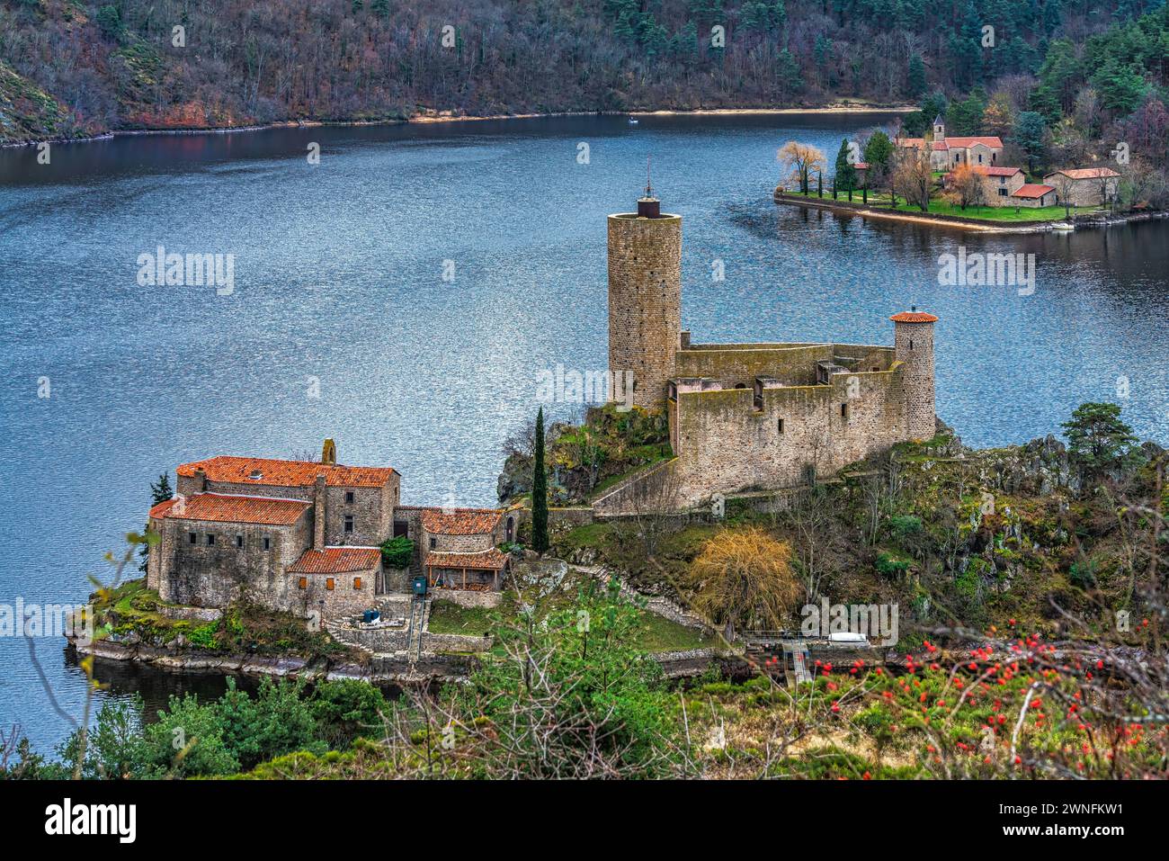 Situato nella città di Saint-Just-Saint-Rambert, il Grangent Castle si trova su una piccola isola nell'omonimo lago. Francia Foto Stock