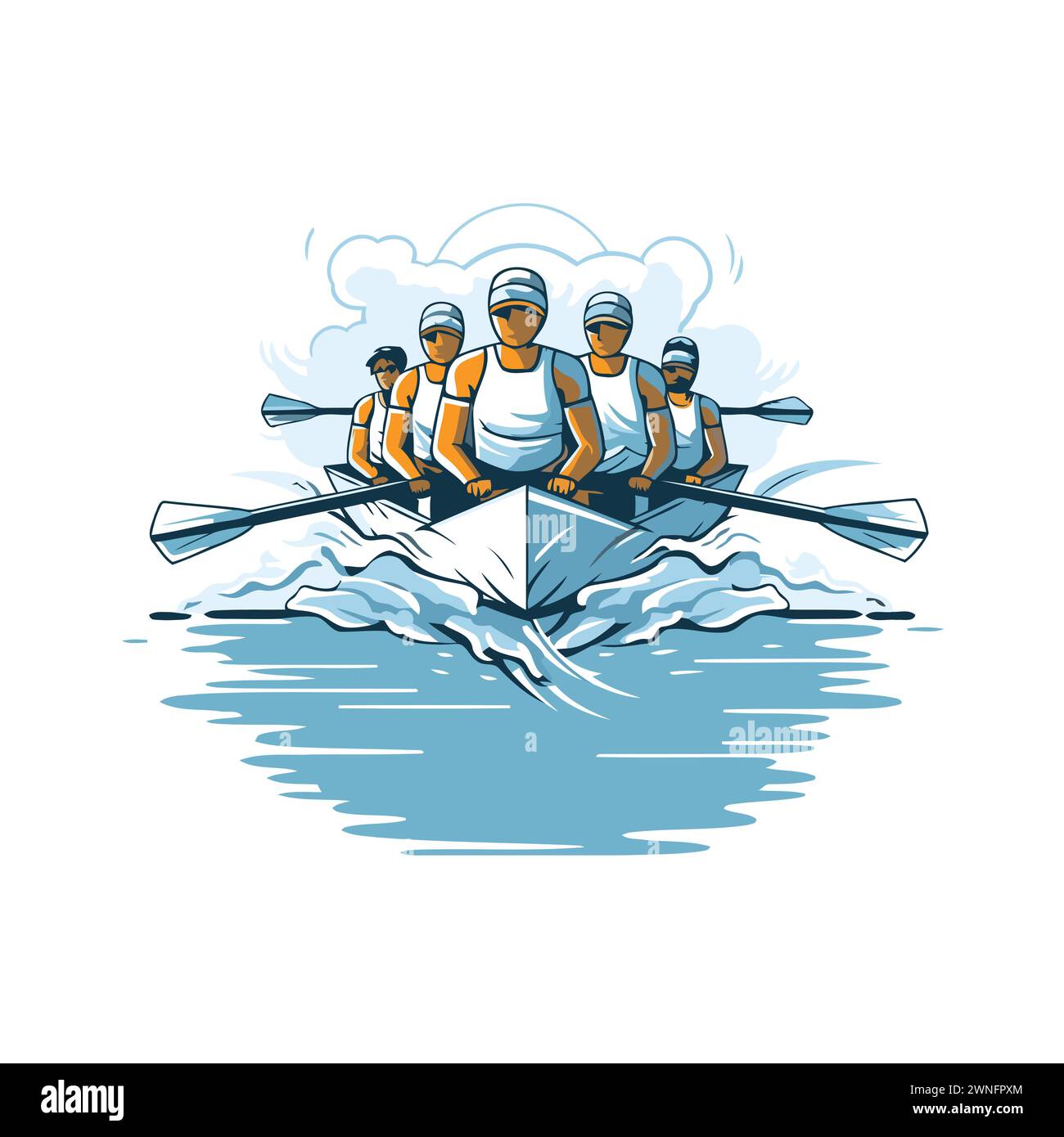 Una squadra di uomini che canta su una barca a remi. Illustrazione vettoriale. Illustrazione Vettoriale