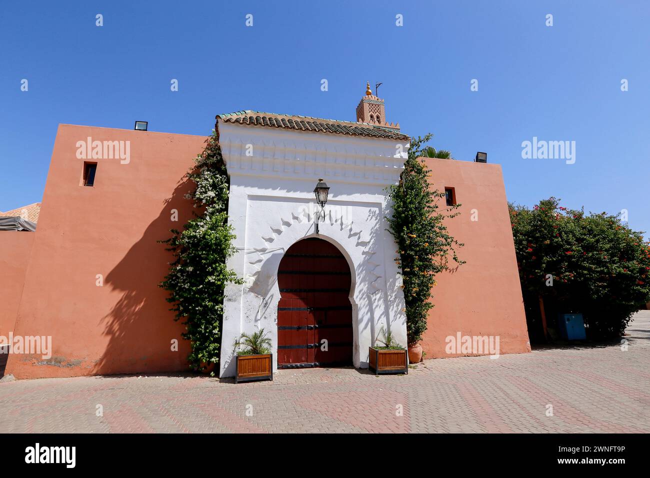Ingresso al minareto della Moschea di Koutoubia, Marrakech, Marocco, Nord Africa Foto Stock