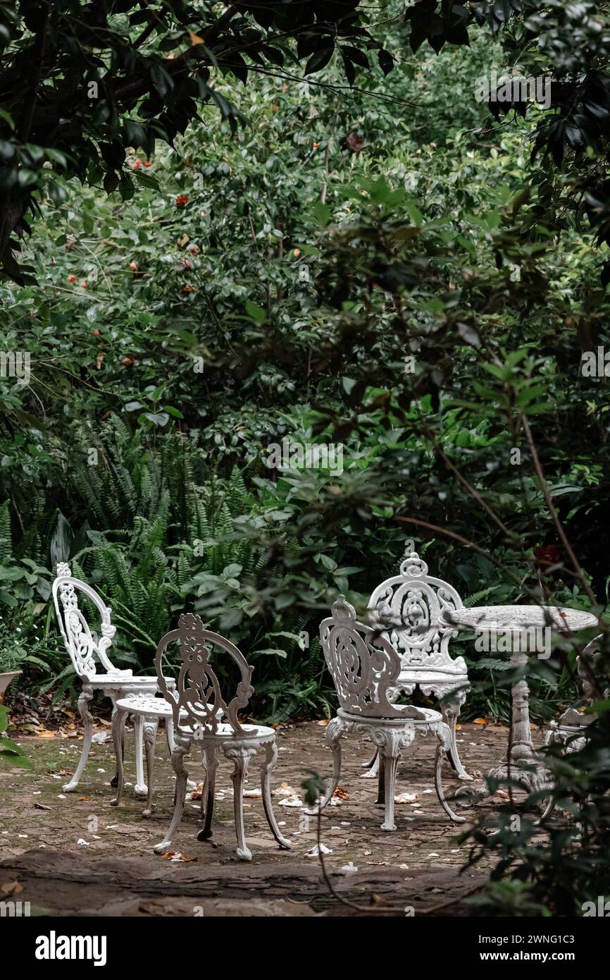 Mobili in metallo per esterni, set vintage. Tavolo rotondo e quattro sedie bianche. Pranzo nel cortile, circondato da alberi. Area relax nel gar Foto Stock