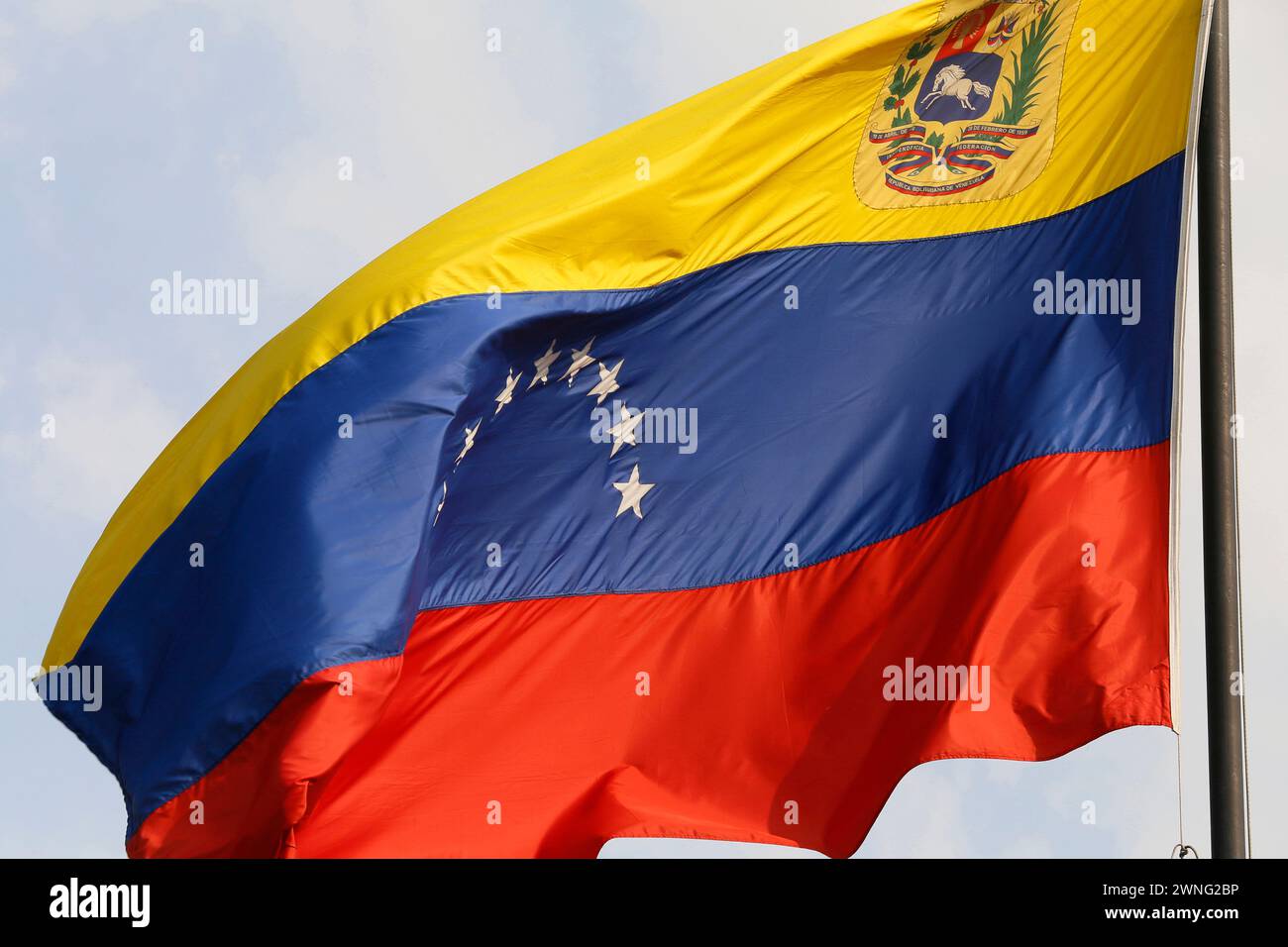 Bandiera del Venezuela che sventola sul vento Foto Stock