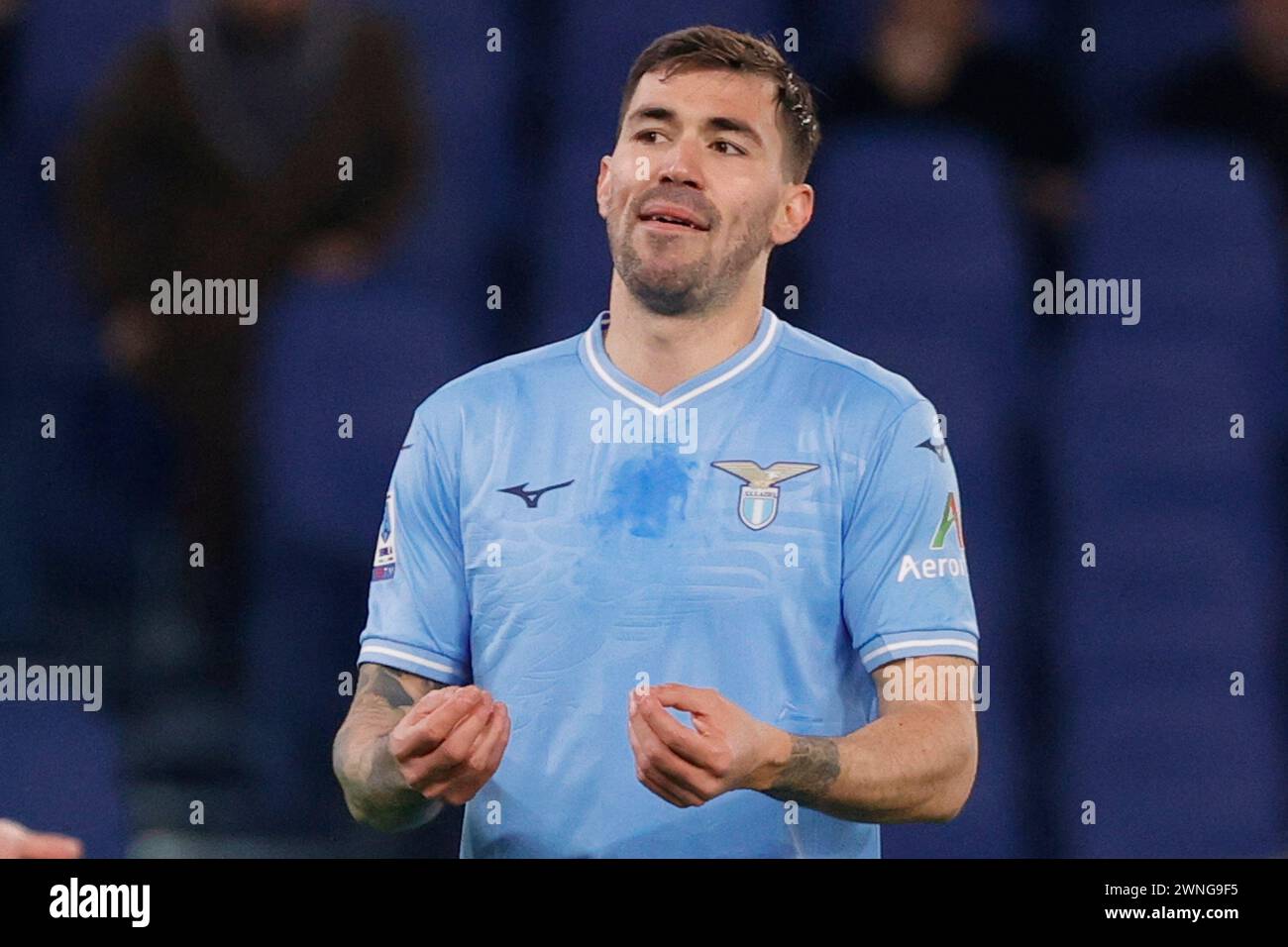 Alessio Romagnoli della Lazio reagisce durante la partita di calcio di serie A SS Lazio - AC Milan allo Stadio Olimpico il 1° marzo 2024 a Roma. Foto Stock