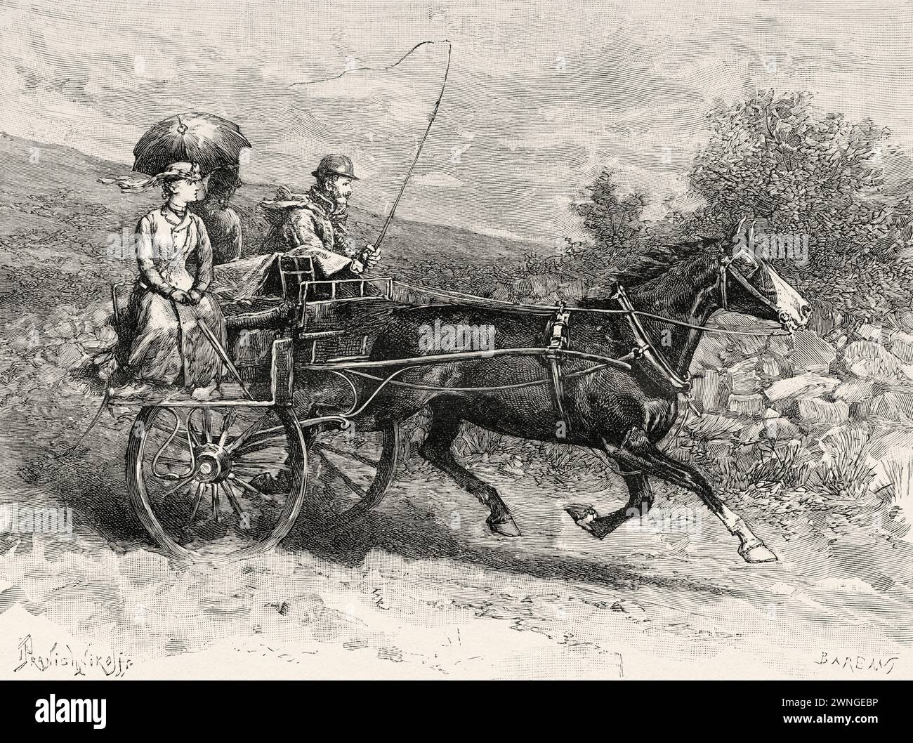 Irish Jaunting Car, Repubblica d'Irlanda. Europa. Tre mesi in Irlanda di Miss Marie Anne De Bovet (1855 - 1935) Limerick and the Clare Coast 1889, le Tour du Monde 1890 Foto Stock