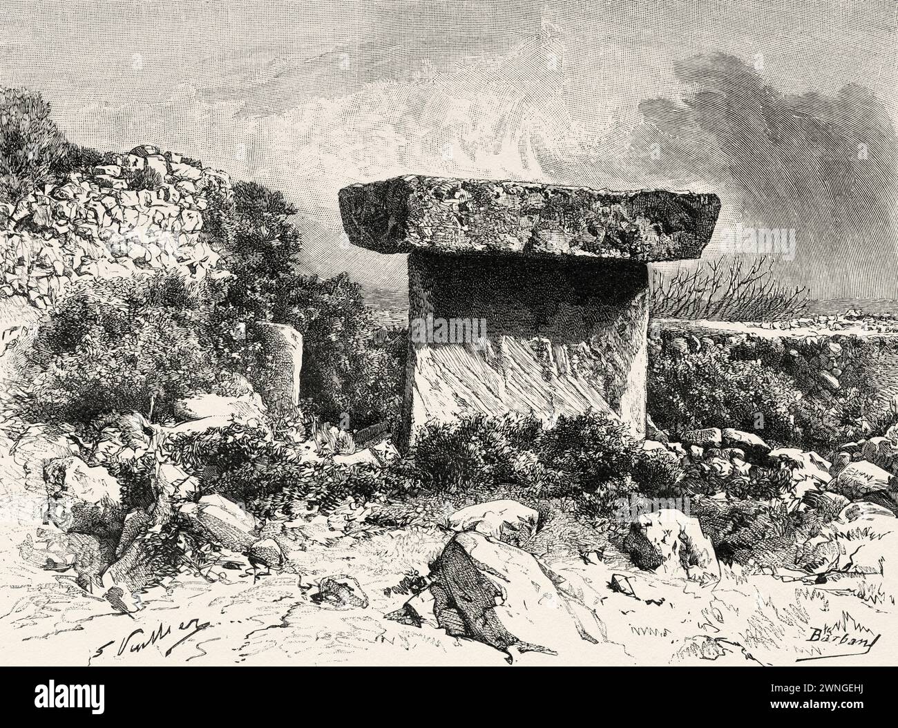 Taula de Trepucó. Monumento in pietra in stile Stonehenge costruito dalla cultura talaiotica tra il 500 a.C. e il 300 a.C. Minorca. Isole Baleari, Spagna. Gita alle Isole Baleari Menorca e Cabrera 1888 di Gaston Charles Vuillier (1845 - 1915) le Tour du Monde 1890 Foto Stock