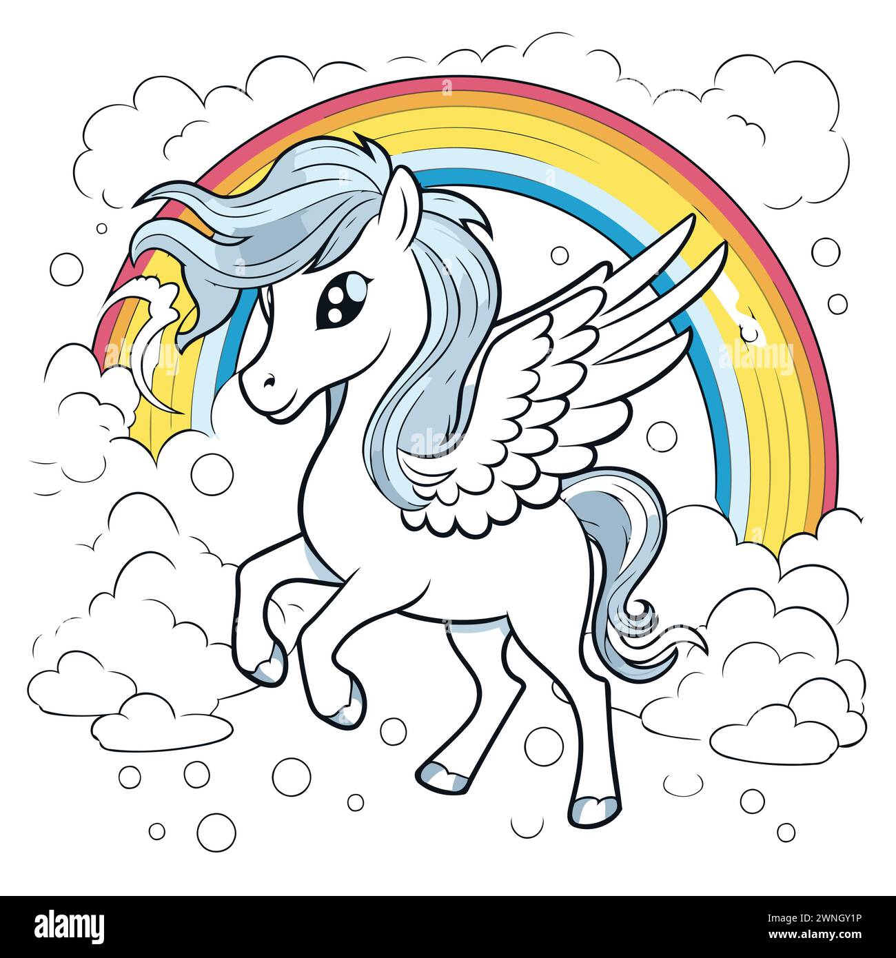 Unicorno tra le nuvole con l'arcobaleno. Libro da colorare per bambini. Illustrazione Vettoriale