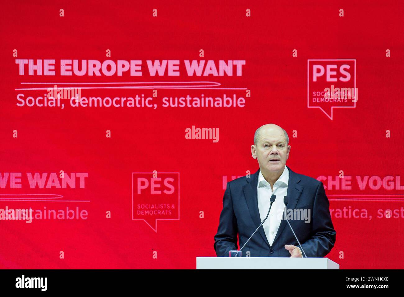 Roma, Italia. 2 marzo 2024. OLAF Scholz parla durante il Congresso elettorale del Partito dei Socialisti europei (PSE) a Roma. Credito: SOPA Images Limited/Alamy Live News Foto Stock