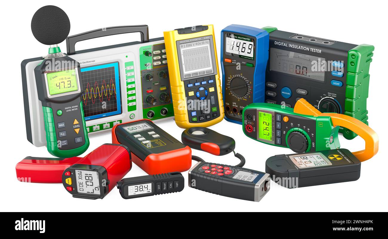 Set di dispositivi di misurazione digitali. Misuratore digitale del livello sonoro, oscilloscopio, multimetro, multimetro a pinza, megaohmmetro, d. personali radiazioni gamma Foto Stock