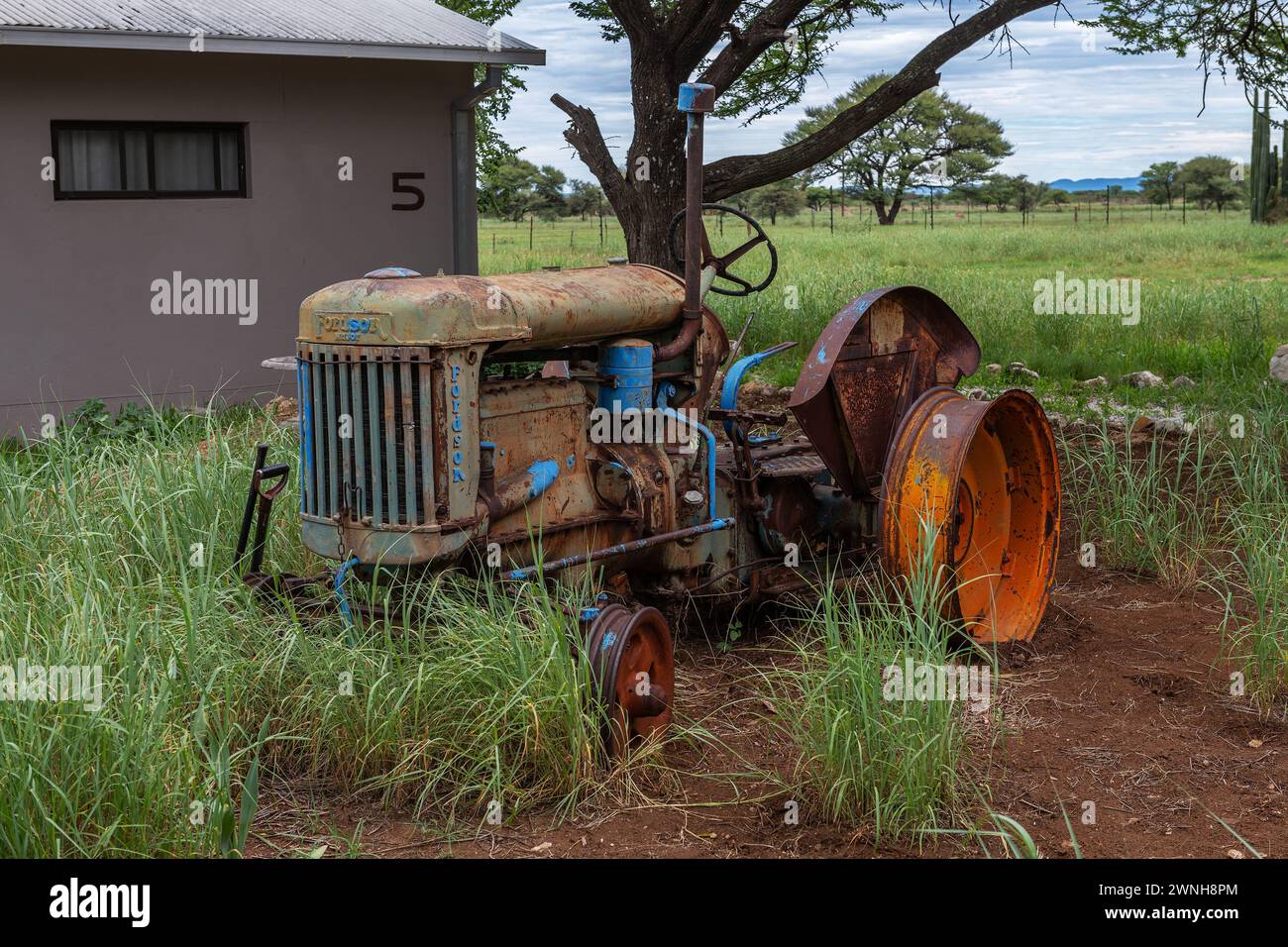 Il vecchio trattore Fordson Major parcheggiato in un prato, Otavi, Namibia Foto Stock