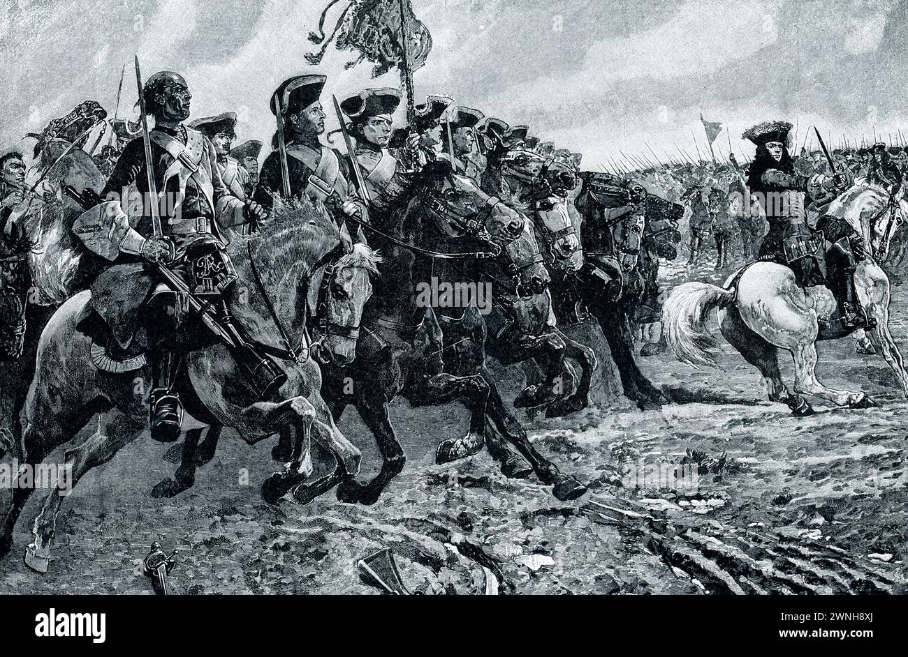 RAMILLIES - LA CARICA DI CAVALLERIA SOTTO MARLBOROUGH. - La piccola città belga di Ramillies fu teatro della seconda grande battaglia di Marlborough nella Guerra di successione spagnola. Soldato e statista inglese, il duca di Marlborough scacciò i francesi dalle Fiandre e strappò quella ricca provincia da Luigi XIV Vediamo il galante e affascinante generale, mentre guida i suoi cupi veterani nell'ultima carica di cavalleria che ha vinto la giornata, il 23 maggio 1706. Foto Stock