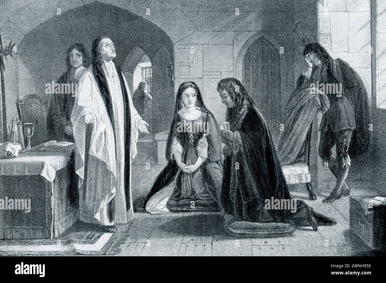 La didascalia dei primi anni '1900 recita: "LORD RUSSELL RICEVETTE L'ULTIMO SACRAMENTO PRIMA DELLA SUA ESECUZIONE.—durante il regno di Carlo II, Lord James Russell e molti altri membri del partito che si opponevano al re furono accusati di essere coinvolti nel "complotto della casa di Rye" contro il governo. Russell, anche se probabilmente innocente, fu condannato e giustiziato, incontrando la morte con la calma di un vero cristiano. La sua giovane e profondamente amata moglie ha lottato duramente per salvarlo, e lo ha tenuto compagnia fino alla fine." William Russell, Lord Russell (1639 – 1683) è stato un politico inglese. Era un membro di spicco Foto Stock